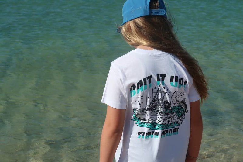 Kids "Bait it up" cotton shirt in white or black. Sizes 8 & 10 image 4