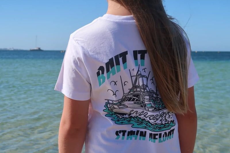 Kids "Bait it up" cotton shirt in white or black. Sizes 8 & 10 image 5