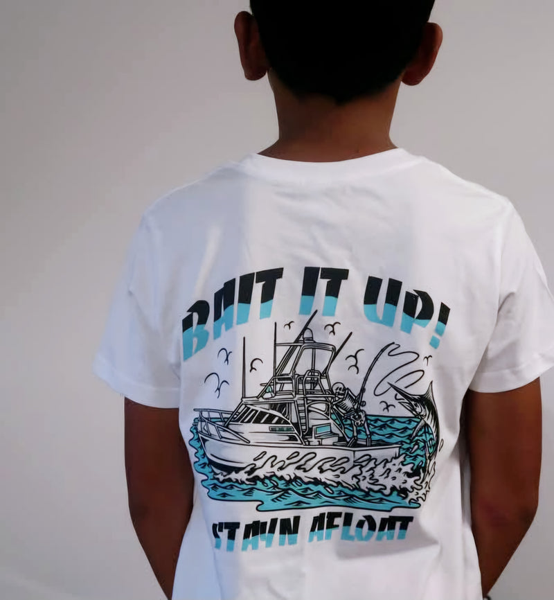 Kids "Bait it up" cotton shirt in white or black. Sizes 8 & 10 image 1